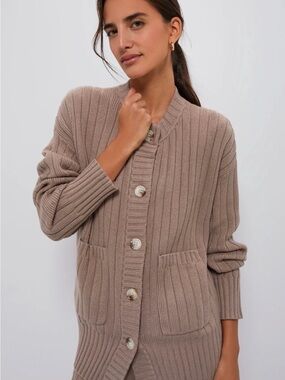 Varley Ribbed Button Cardigan in Taupe Beige